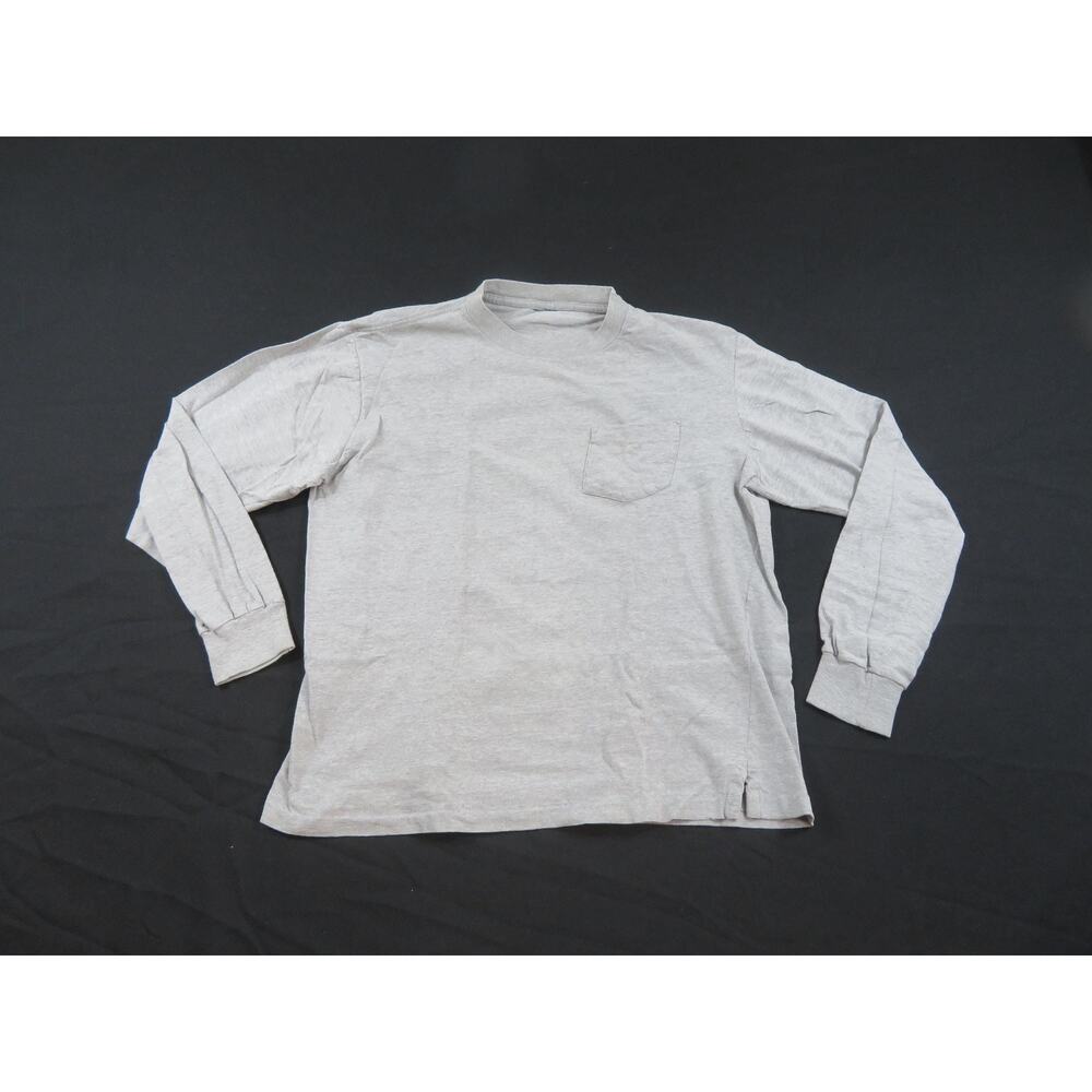 Long Sleeve Pocket T-Shirt Plain Blank Gray Sz L 1990s